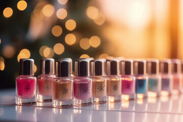 colorful bottles with nail polish against blurred festive lights. gift for Christmas, New Year or birthday. - obrazy, fototapety, plakaty