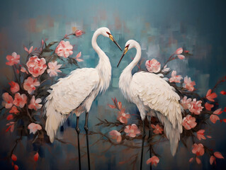 Red crowned crane birds with floral in watercolor oil and acylic style