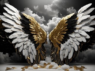 Angel Wings Black White Gold Sky Heaven Backdrop Digital Background 