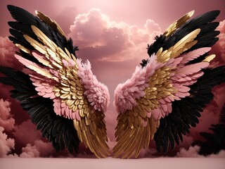 Angel Wings White Pink Black Gold Clouds Digital Backdrop Background 