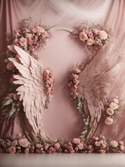 Angel Wings Vintage Pink Roses Floral Backdrop Digital Background Flowers