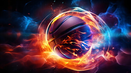 Fiery Basketball In Flames, neon lines basketball light background arena. Futuristic sports concept. Generative AI