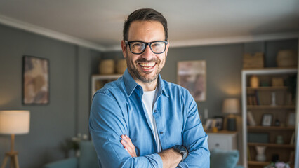 One adult man with eyeglasses stand at home happy smile