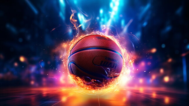 Fiery Basketball In Flames, neon lines basketball light background arena. Futuristic sports concept. Generative AI