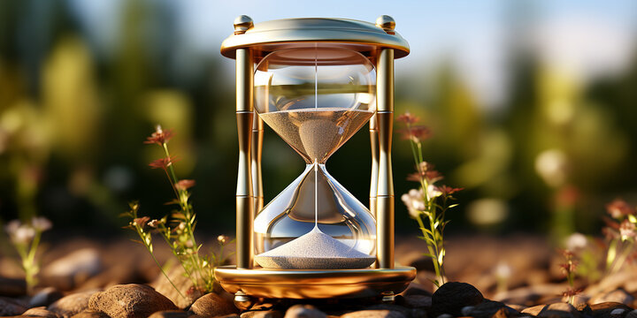Sanduhr in edlen Gold Gestell mit dekoratoven Hintergrund Querformat f&uuml;r Banner, ai generativ