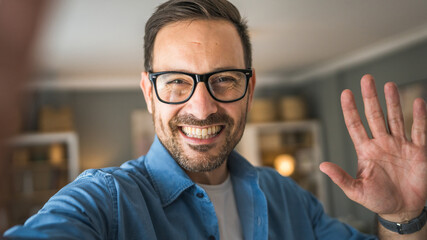 Obraz premium One adult man with eyeglasses stand at home happy smile