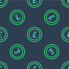 Fototapeta na wymiar Line Coin money with pound sterling symbol icon isolated seamless pattern on blue background. Banking currency sign. Cash symbol. Vector