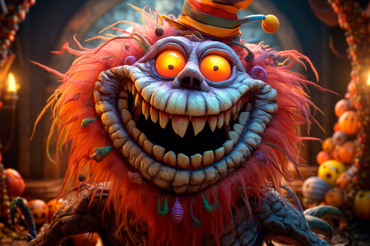 Halloween creature. Cute Party card with cartoon monster. A creepy creature with an ominous smile. Horrible clown.