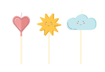 Birthday candles of different form concept. Heart, sun and cloud at sticks. Holiday and festival. Poster or banner. Cartoon flat vector illustration isolated on white background
