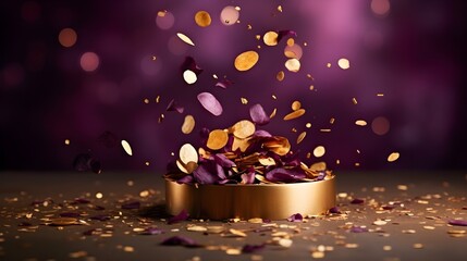 Various purple and golden serpentine on a table. Festive purple background.