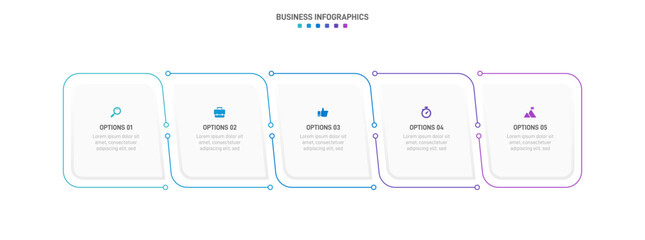Timeline infographic with infochart. Modern presentation template with 5 spets for business process. Website template on white background for concept modern design. Horizontal layout.
