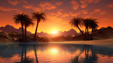 Illustration of sunset in a desert oasis.