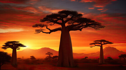 Illustration with the sunset in a baobab forest with hills illuminated by the setting sun on the background. - obrazy, fototapety, plakaty