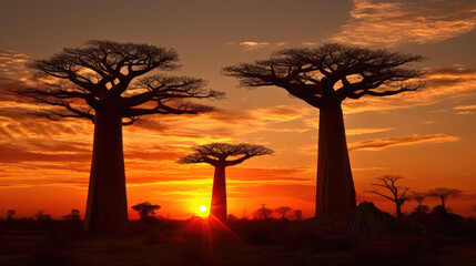 Sunset in the savannah with baobab trees. Illustration for wallpapers, backgrounds, covers and other projects.