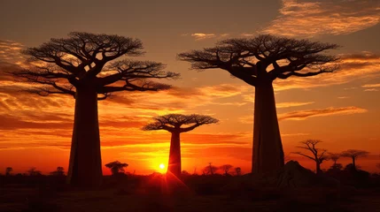 Fototapeten Sunset in the savannah with baobab trees. Illustration for wallpapers, backgrounds, covers and other projects. © Olga
