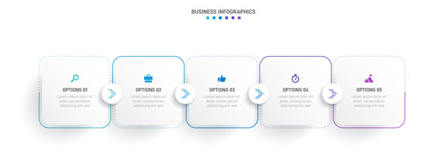 Timeline infographic with infochart. Modern presentation template with 5 spets for business process. Website template on white background for concept modern design. Horizontal layout.