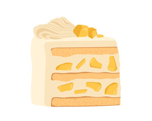 Cake slice concept. Dessert and delicacy with fruits. Sweet food and sugar pastry. Poster or banner for website. Cartoon flat vector illustration isolated on white background