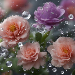 Flowers under raindrops. Generative AI