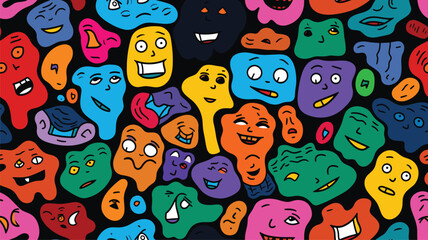 Colorful abstract shape cartoon faces seamless pattern illustration. Funny character art background with diverse emotion and hand gesture. Retro drawing doodle wallpaper print texture.