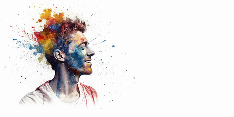 Mental health, happiness, creative abstract concept.  Colorful illustration of male head, paint splatter style. Mindfulness, positive thinking, self care idea. Banner white background. - obrazy, fototapety, plakaty