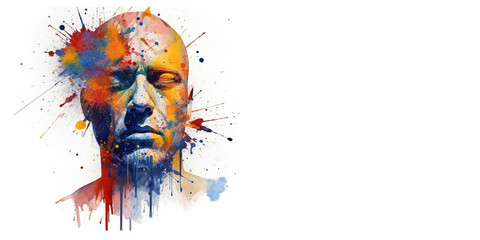 Mental health creative abstract concept.  Colorful illustration of male head, paint splatter style.  Banner white background. Banner with white background