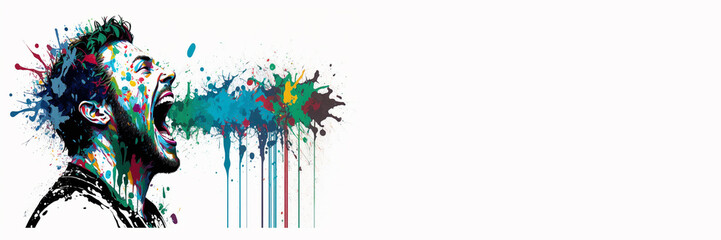 Mental health creative abstract concept.  Colorful illustration of male head, paint splatter style. Man screams, showing strong emotions.  Banner white background.