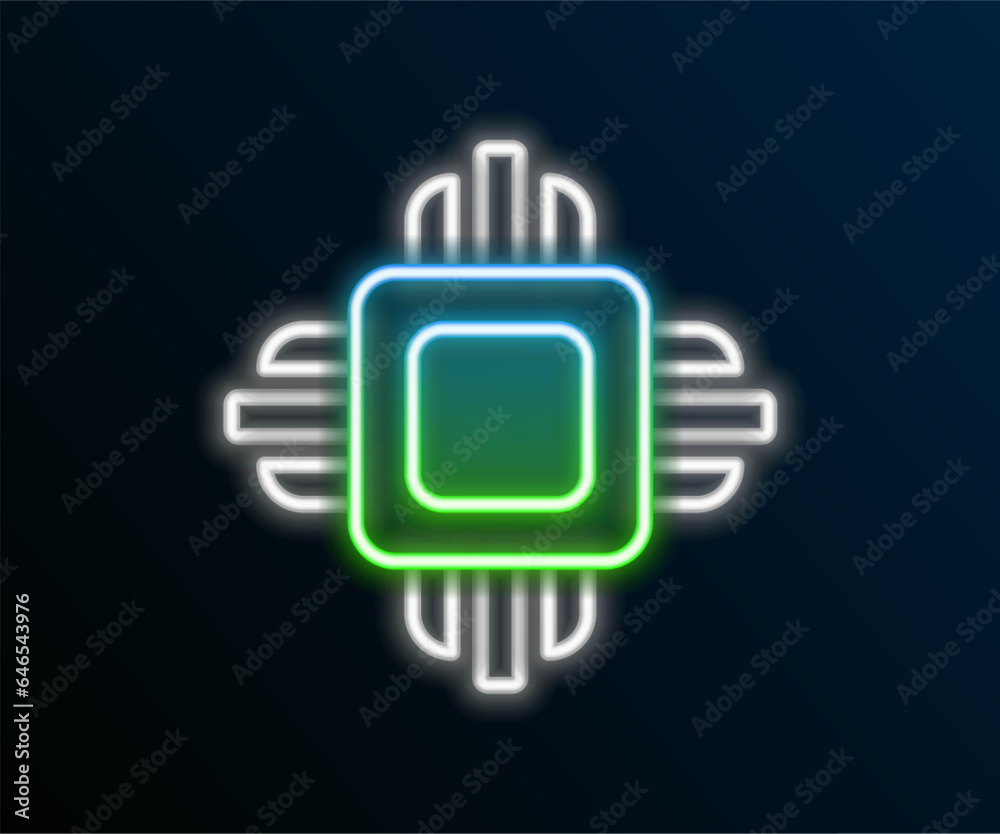 Poster glowing neon line computer processor with microcircuits cpu icon isolated on black background. chip 