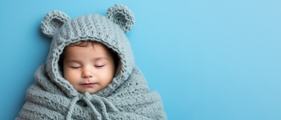 Newborn in full knitted cozy costume isolated on vivid background with a place for text 