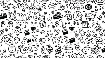 Funny black and white children doodle icon seamless pattern. Cute happy kid drawing symbol wallpaper print, education conept background illustration texture.