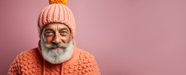 Old man in full knitted cozy costume isolated on vivid background with a place for text 
