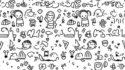 Fototapeta na wymiar Funny black and white children doodle icon seamless pattern. Cute happy kid drawing symbol wallpaper print, education conept background illustration texture.
