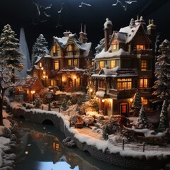 Christmas Village - Miniature snowy village scenes set up as decorations, generative ai 