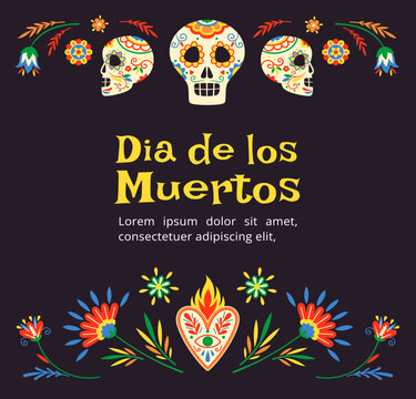 Day of dead greeting card concept. Traditional mexican holiday and festival. Skulls in flowers patterns. Culture and ethnicity. Poster or banner for website. Cartoon flat vector illustration