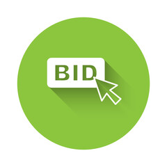 White Bid icon isolated with long shadow background. Auction bidding. Sale and buyers. Green circle button. Vector
