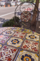 Ceramic tile. National ornament. Eastern motifs. Painted furniture. Painted tiles. Street cafe.