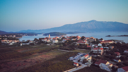Aerial image of old part of Lumbarda, small town on Korcula island, Croatia in southern Dalmatia