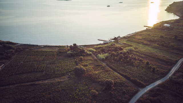 Aerial view of Bili Zal beach at the town of Lumbarda on Korcula island, Croatia at dawn
