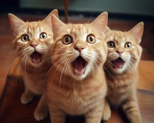 Fototapeta premium Three cats that have a mouth open, meme