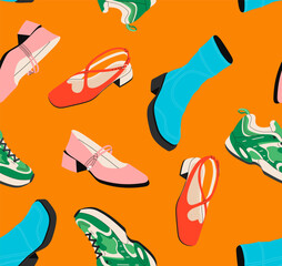 Female shoes seamless pattern concept. Repeating design element for printing on fabric. Pink shoes and green sneakers. Fashion, trend and style. Cartoon flat vector illustration