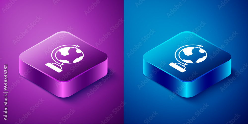 Wall mural isometric earth globe icon isolated on blue and purple background. square button. vector