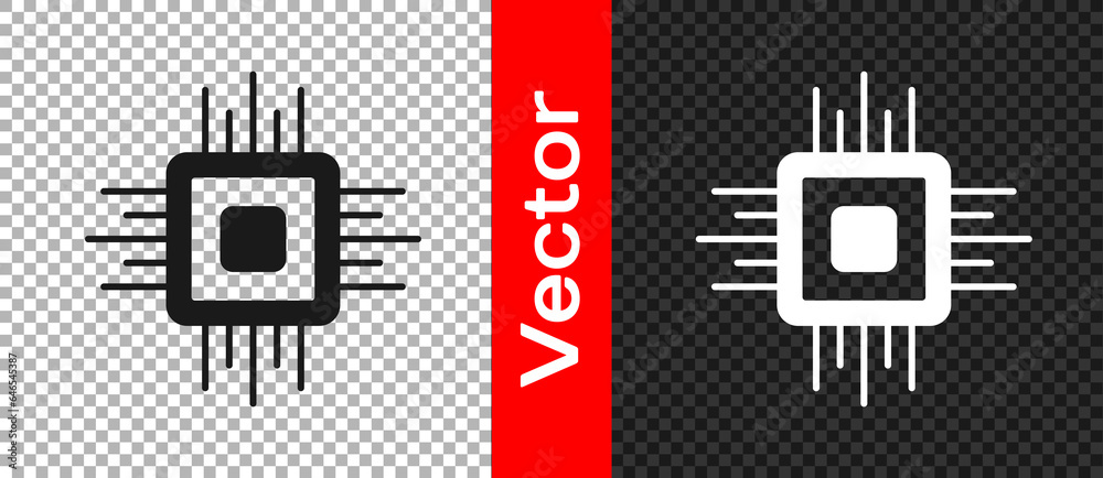 Poster black computer processor with microcircuits cpu icon isolated on transparent background. chip or cpu