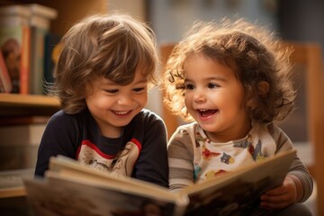 A couple of kids sitting next to each other reading a book. Generative AI.