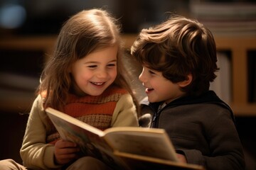 A boy and a girl are reading a book. Generative AI.