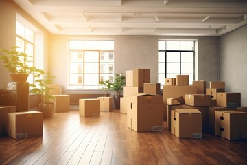 Cardboard boxes accumulated with belongings, in a room already collected, and ready for a move.