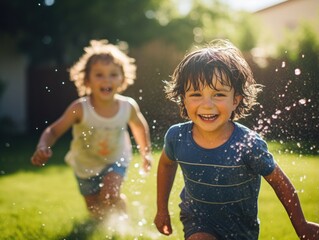 Two young children running through a sprinkle of water. Generative AI.