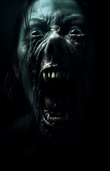 Horror possessed witch came from the darkness world, horror movie poster, low light, dramatic poster, zombie world