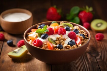 bowl of oat granola with yogurt, fresh raspberries, blueberries, strawberries, blackberries and...