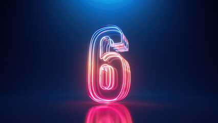 3d render, digital neon number six. Glass symbol with glowing linear frame, laser line