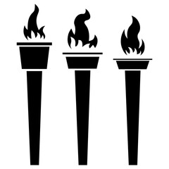 Set of different black torch icons with fire