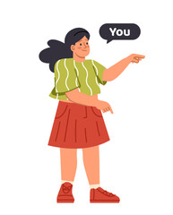 Kids with gender pronouns concept. Young girl pointing and say you. Educational materials and infographics for junior school students. Cartoon flat vector illustration isolated on white background
